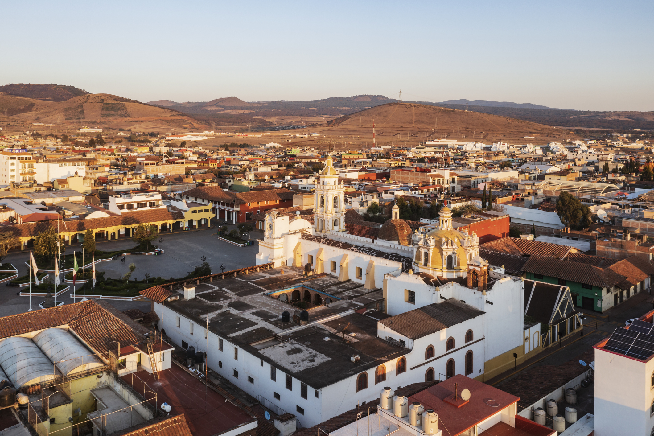 Aerial View of the Zócalo and the Church of Santiago Apostol at Sunrise